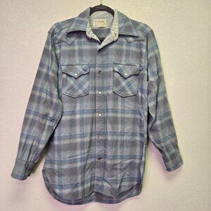 Vintage Pendleton 70sMens Blue‎ Plaid Wool Western Snap Button Shirt M
